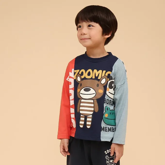 日本 ZOOLAND - 春季拼接風長袖上衣-撞色小熊-海軍藍