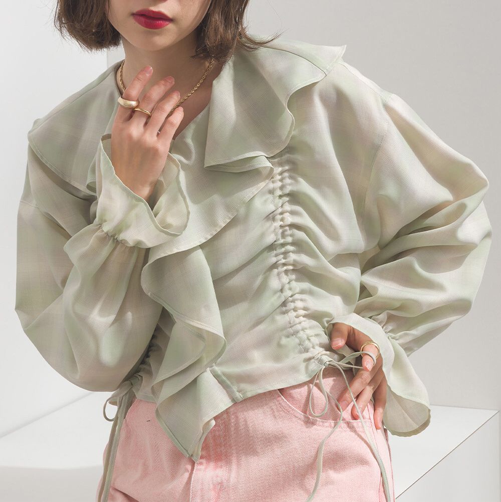 飄逸荷葉領浪漫抽繩長袖上衣-淺灰綠