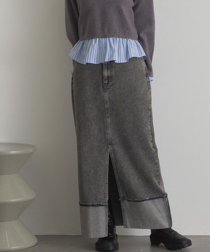 日本 ELENCARE DUE - 10oz抽鬚摺邊俐落前開叉牛仔長裙-海軍藍