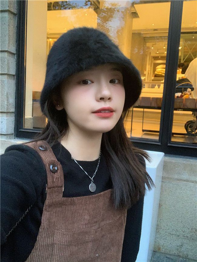 復古百搭絨毛漁夫帽-黑色 (M(56-58cm))