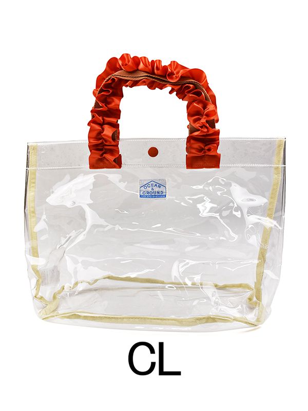日本 OCEAN&GROUND - 透明PVC防水手提袋-緞帶度假風-灰黑 CH (27x33x20.5cm)
