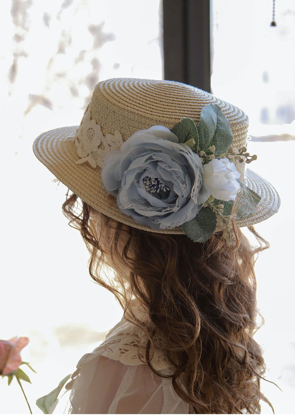 韓國 PuellaFLO - 藍白花朵裝飾蕾絲草帽 (3-7Y適用)