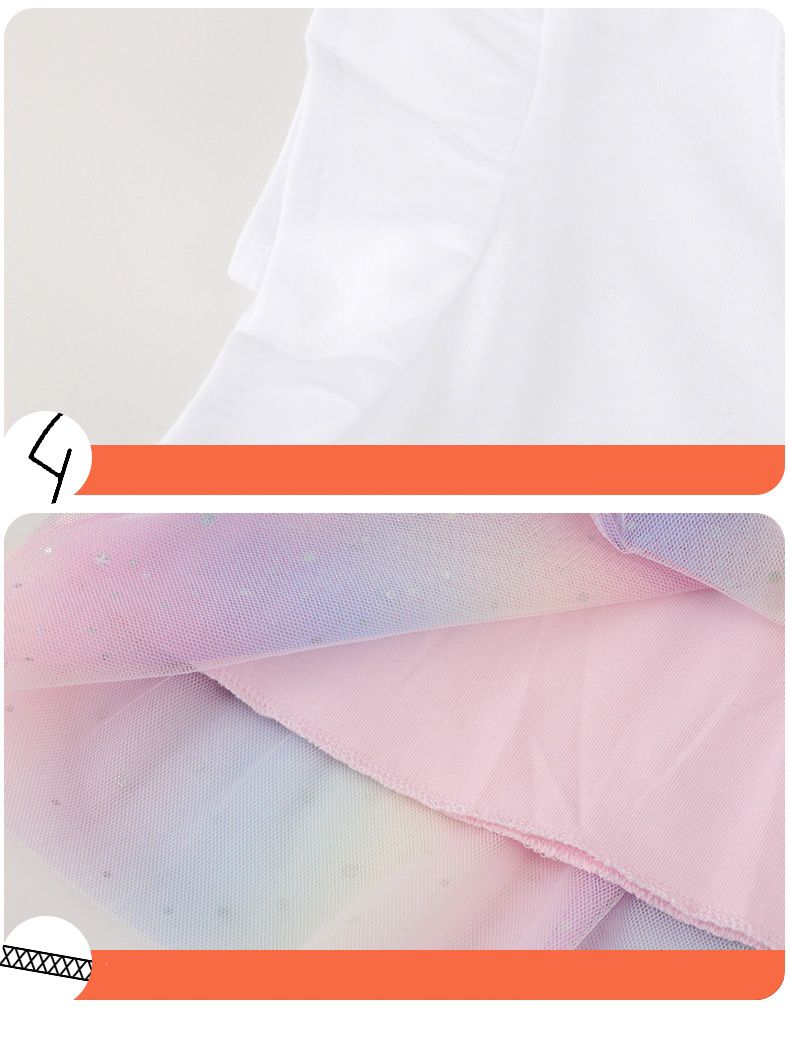 Jumping meters - 棉質圓領短袖網紗洋裝-可愛獨角獸-白色