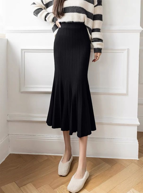 日本 GRL - 針織立體百褶魚尾長裙-深咖啡