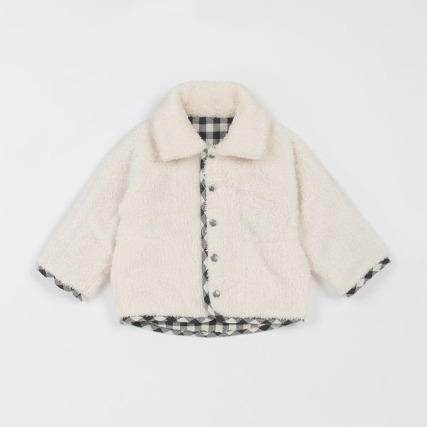 日本 petit main - 翻領英倫風絨毛雙面穿外套-素面卡其