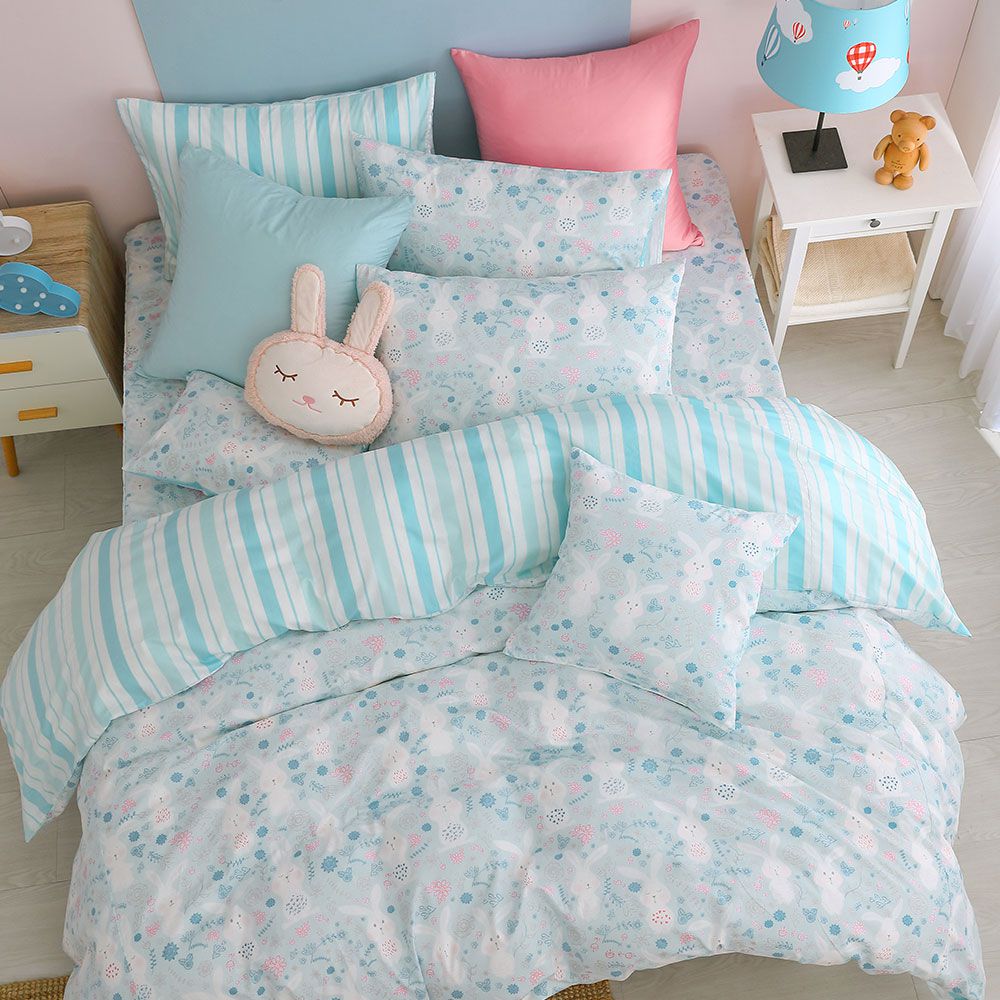 鴻宇 HongYew - 雙人加大床包兩用被套組 美國棉授權品牌 300織-眠眠兔-藍