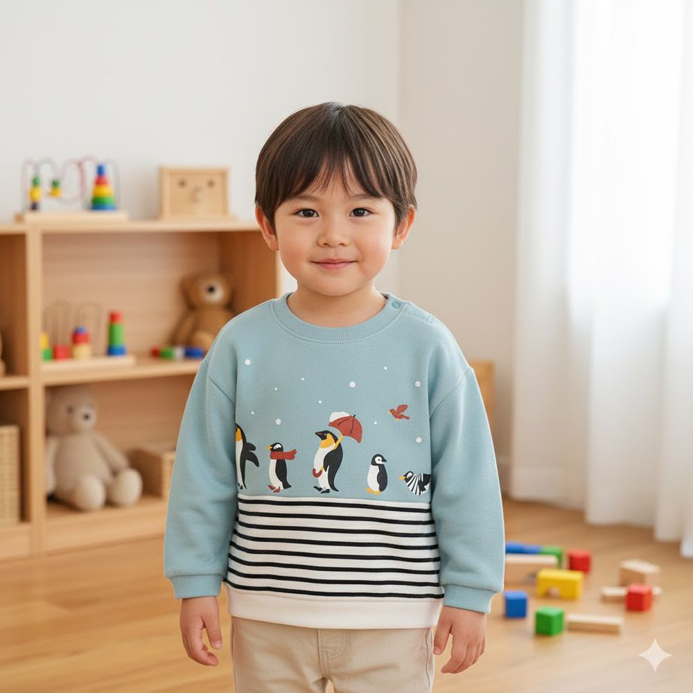 長袖休閒上衣-拼接-淺藍色