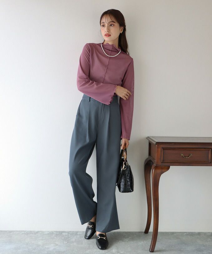 日本 BLUE EAST - 百搭木耳捲邊長袖上衣-白杏