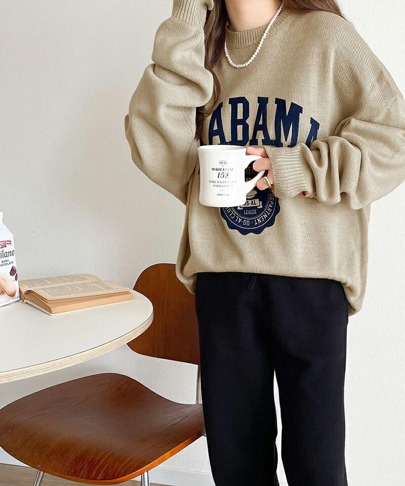 日本 Classical Elf - 圓領印花針織大學T-淺米杏