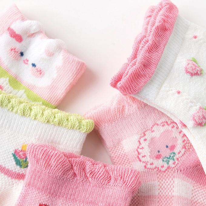 love, charlotte - 泡泡花邊兔兔草莓小花網眼短筒棉襪-5 雙一組