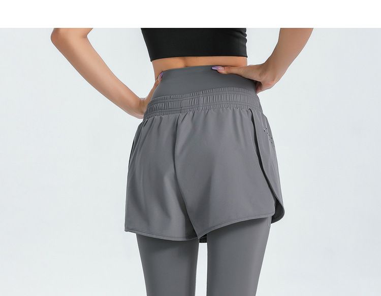 大碼高腰收腹假兩件防走光瑜珈褲-黑色