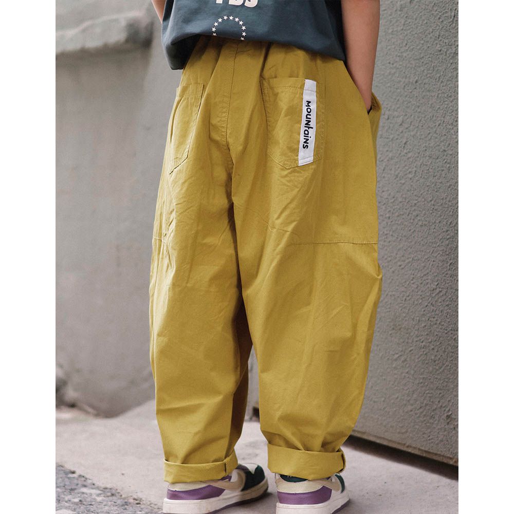 純棉腰鬆緊休閒長褲-口袋布標-黃色