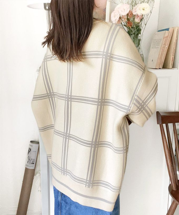 日本 Classical Elf - 歐風大格紋落肩針織外套-黑