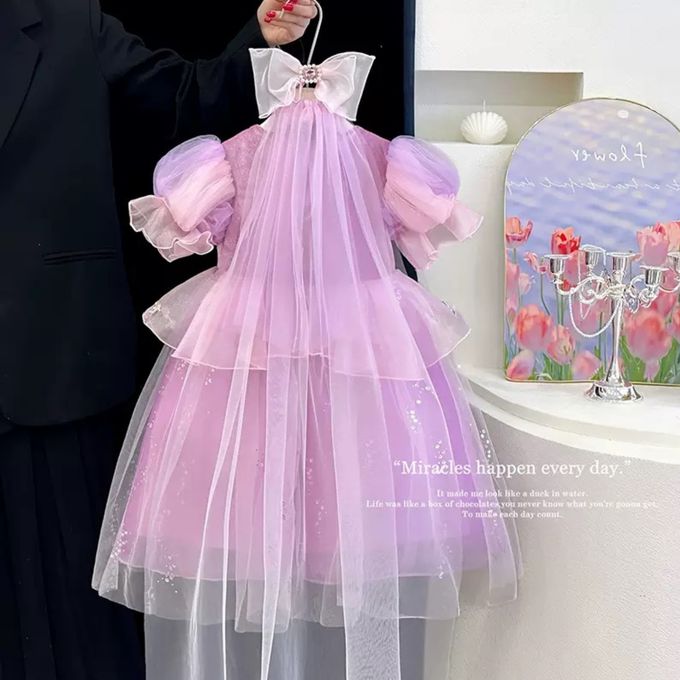 韓版精緻淺粉紫蓬裙洋裝配蝴蝶結頭紗髮夾-萬聖節造型服