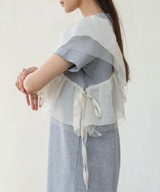 日本 Bab - 不對稱交叉薄紗拼接短袖洋裝-象牙