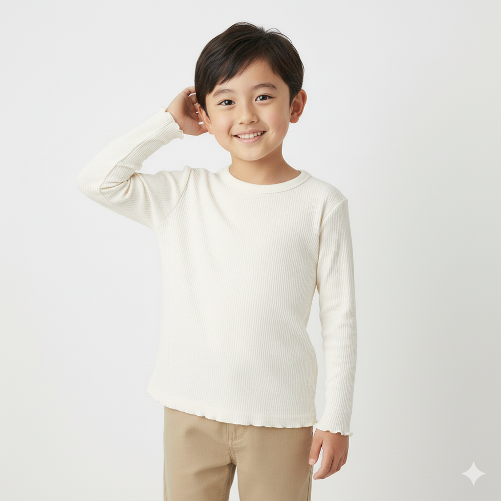 長袖經典T恤-羅紋抽針針織布素材-象牙白色