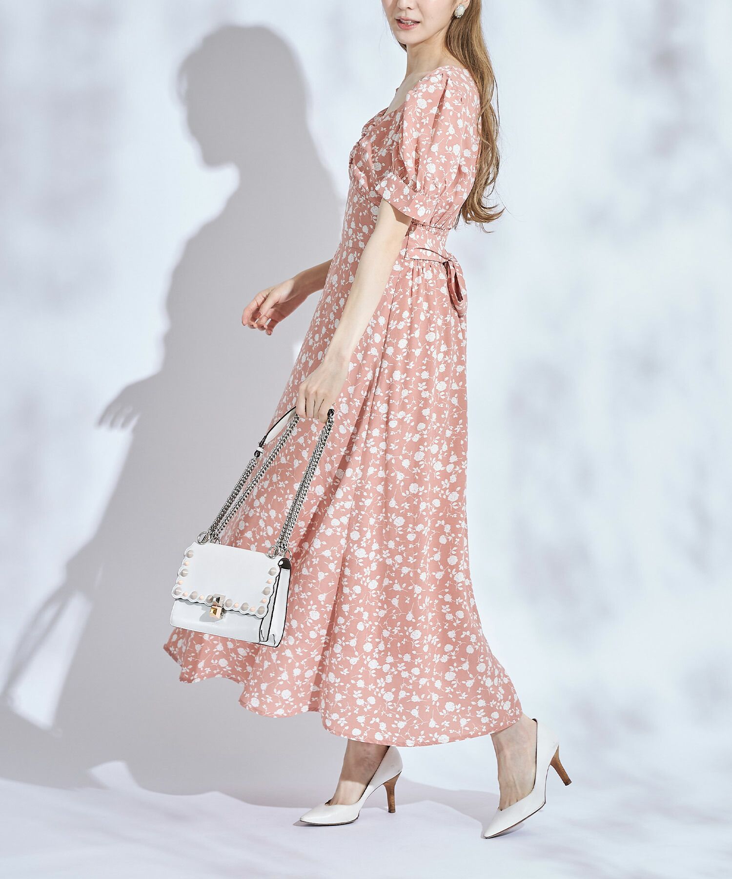 日本 tocco-closet - 愛心領泡泡袖雪紡洋裝-典雅玫瑰-鮭魚粉