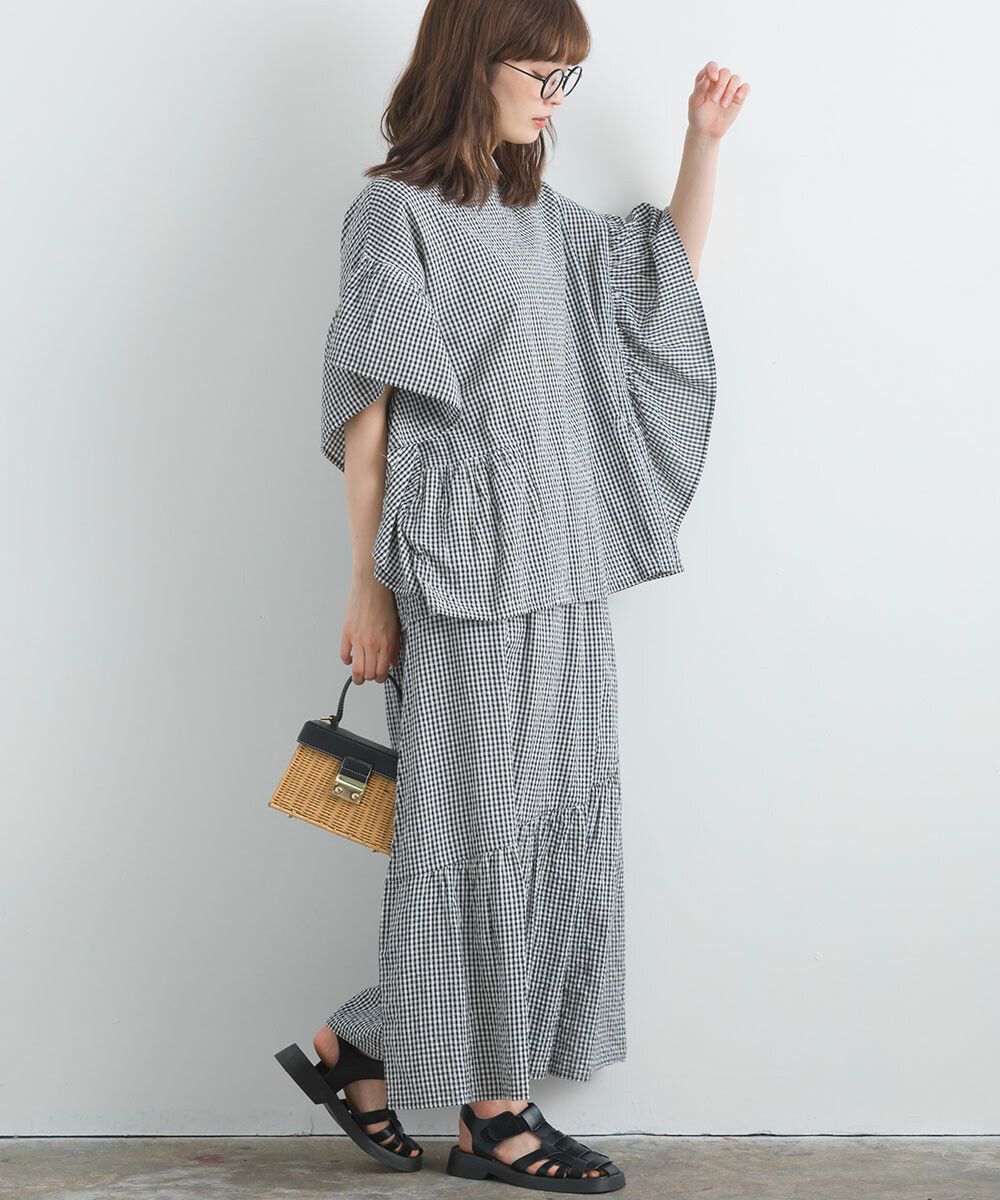 日本女裝代購 - 100%印度棉 超透氣波浪短袖上衣-石墨灰