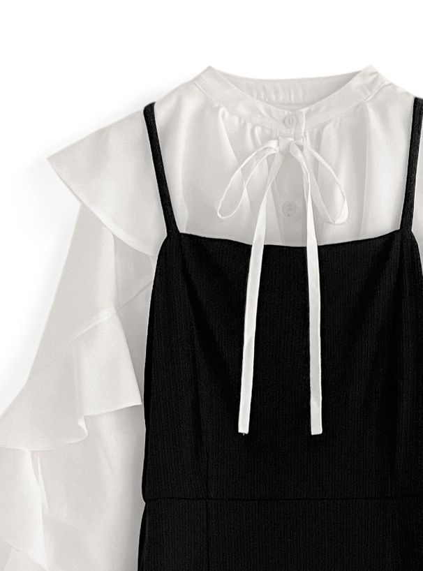 日本 GRL - 浪漫無敵荷葉邊拼接洋裝-白x黑