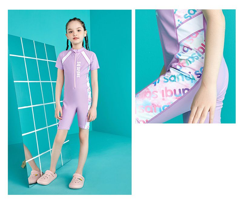 女寶運動風短袖連身泳衣-SPORT-紫色