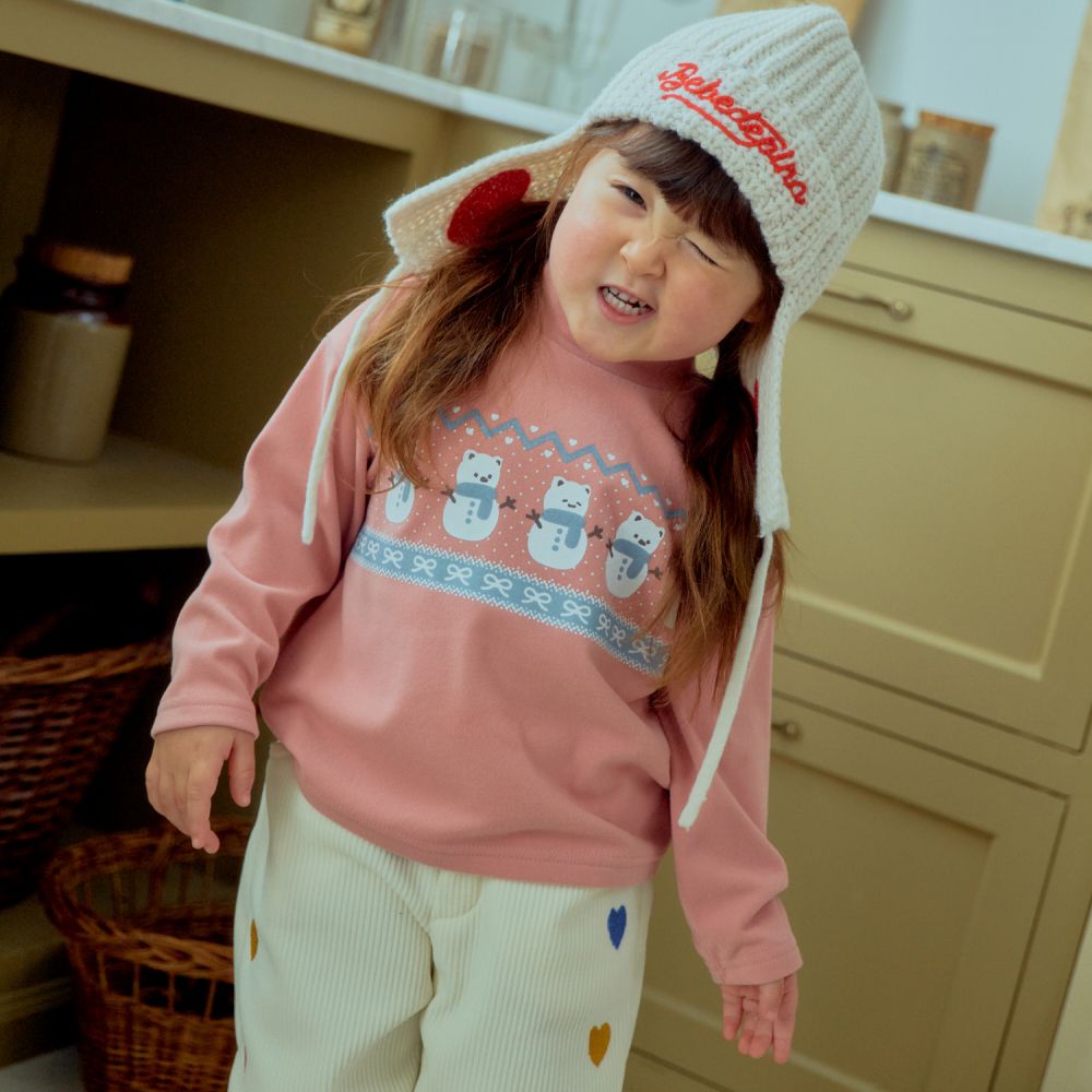 First Blue 可愛印花彈力中領長袖上衣-雪人熊-粉