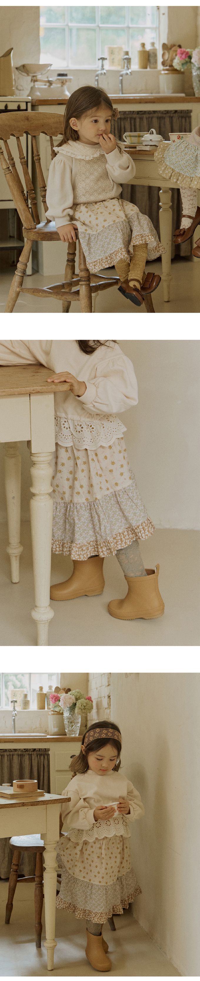 韓國 Puellaflo - 鬆緊腰花園拼布蛋糕裙-米杏