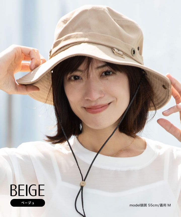 日本 irodori - 抗UV棉純厚磅漁夫帽/遮陽帽(附防風帽帶)-卡其