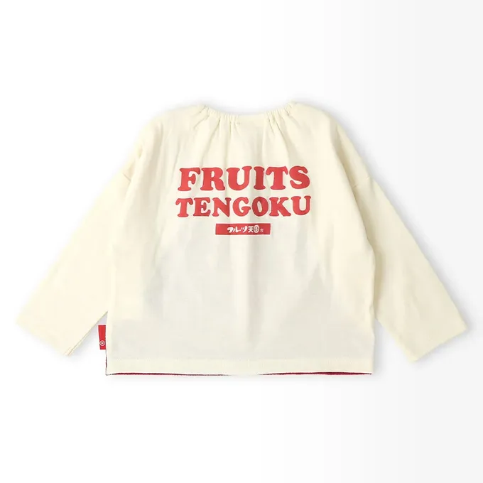 日本 ZOOLAND - 水果樂園 燈芯絨吊帶拼接長袖上衣-草莓-白X紅