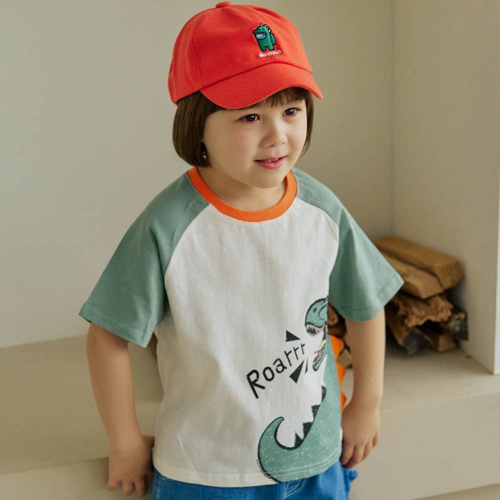 嘶吼恐龍撞色短袖上衣-米白X綠