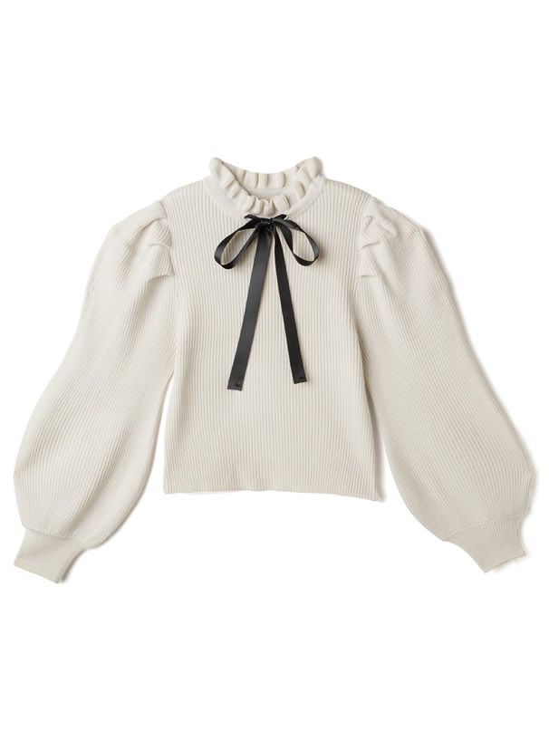 日本 GRL - 復古花邊領綁帶澎袖針織長袖上衣-丁香紫