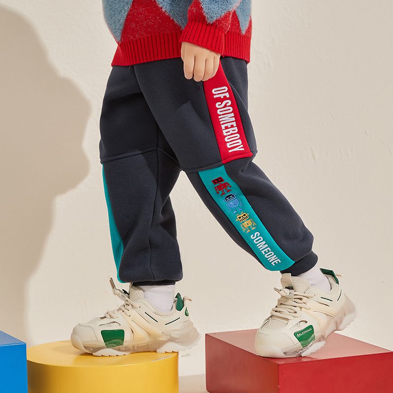 薄絨腰鬆緊休閒保暖束口長褲-繽紛機器人-灰色