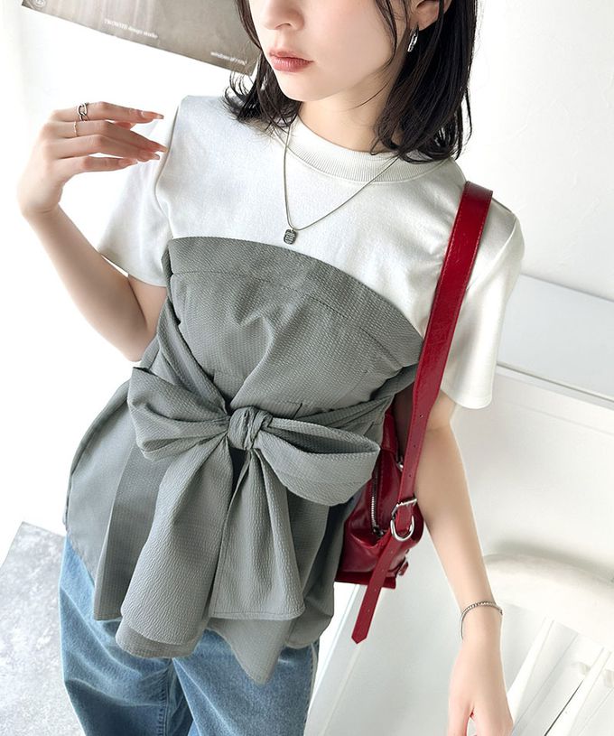 日本 Classical Elf - 時尚顯瘦綁帶拼接風短袖上衣-白x淺灰