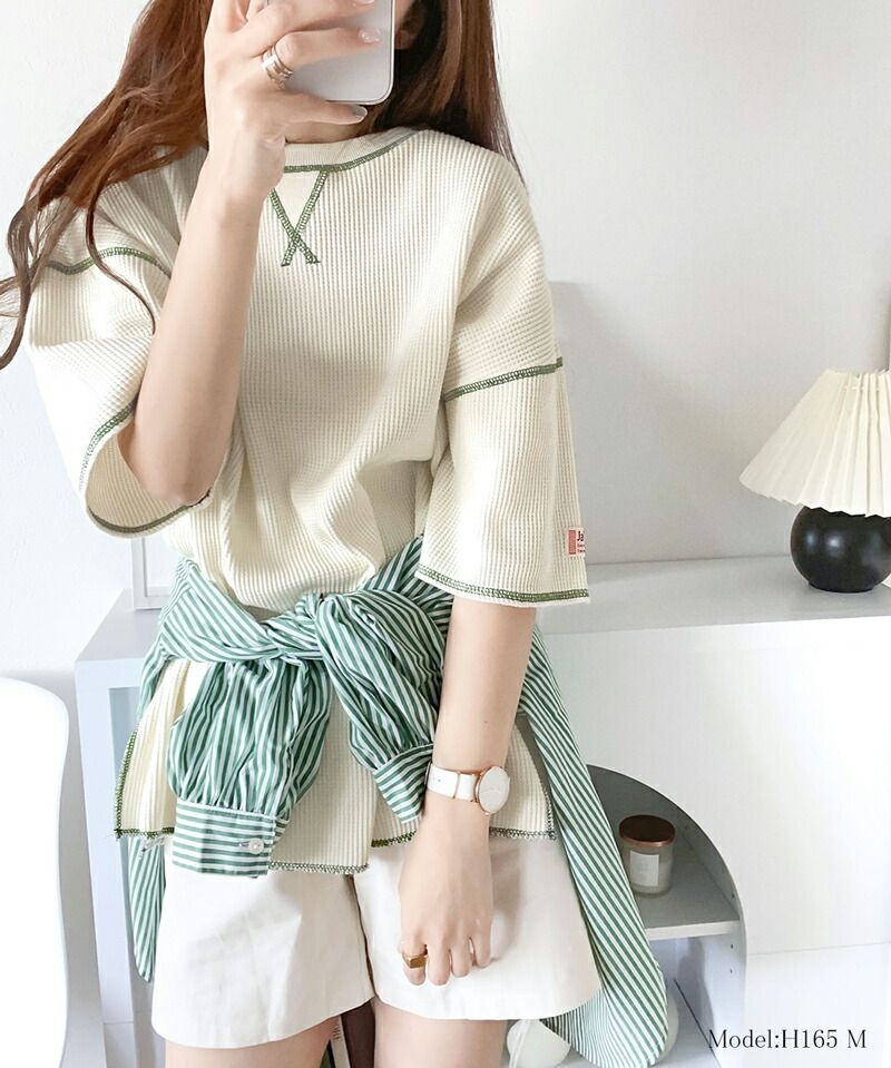 日本 Classical Elf - 2WAY華夫格落肩五分袖上衣-象牙杏