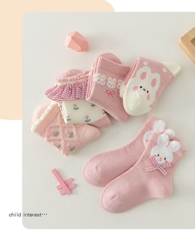 love, charlotte - 秋冬款粉色小兔子荷葉花邊中筒襪-5 雙一組