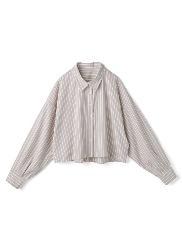 日本 GRL - 休閒短版直條紋落肩襯衫-淺灰棕 (F)