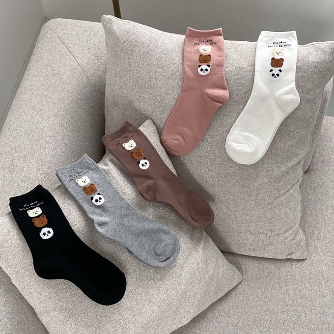 韓國Marian - 三隻毛毛熊中筒襪-棕色 (Free)