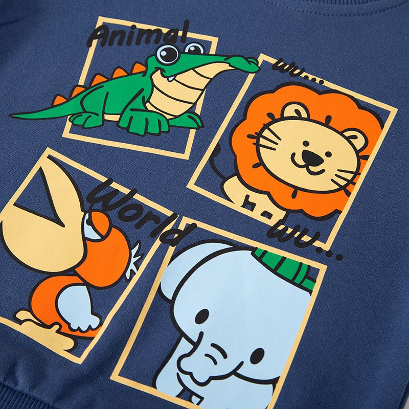 純棉圓領長袖上衣/大學T-漫畫動物框-灰藍色