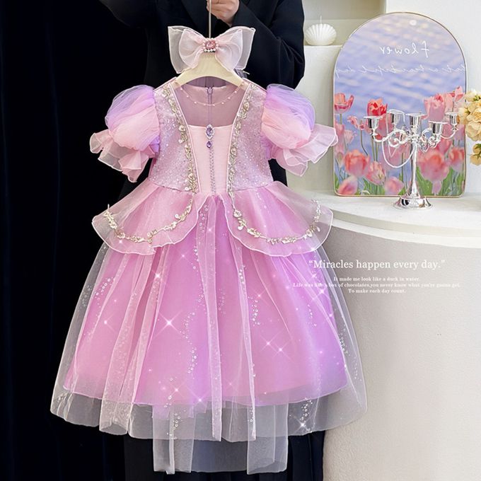 韓版精緻淺粉紫蓬裙洋裝配蝴蝶結頭紗髮夾-萬聖節造型服