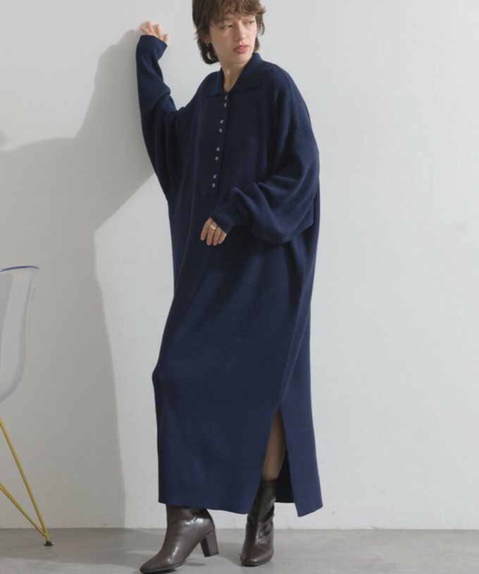 日本 Lupilien - 氣質排扣polo衫針織長袖洋裝-海軍藍