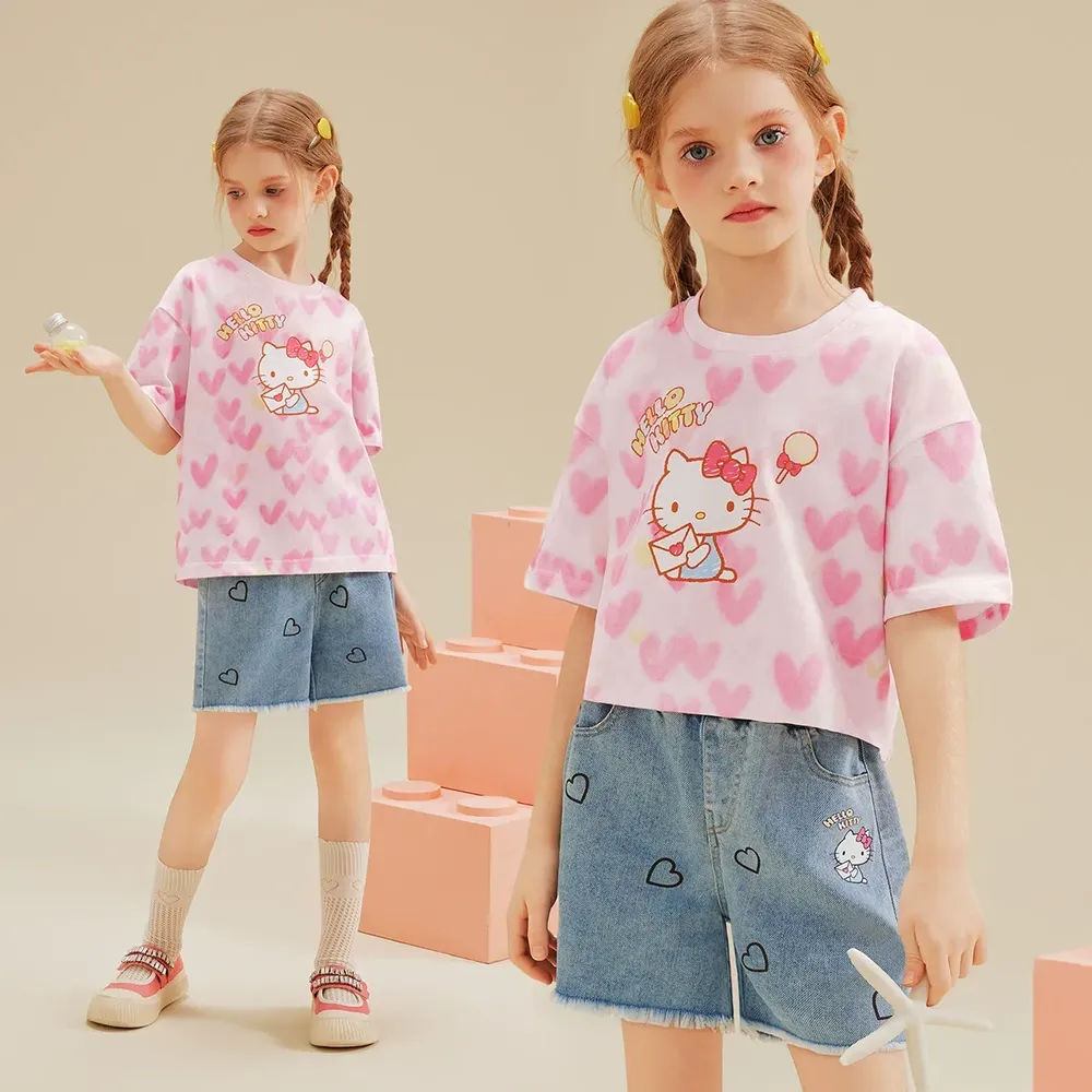 愛心滿印短袖上衣+牛仔短褲套裝-卡通人物Hello Kitty-粉色