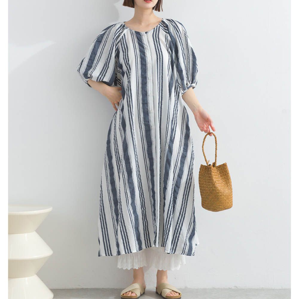 前後2way 印度棉泡泡袖輕盈洋裝-墨灰條紋