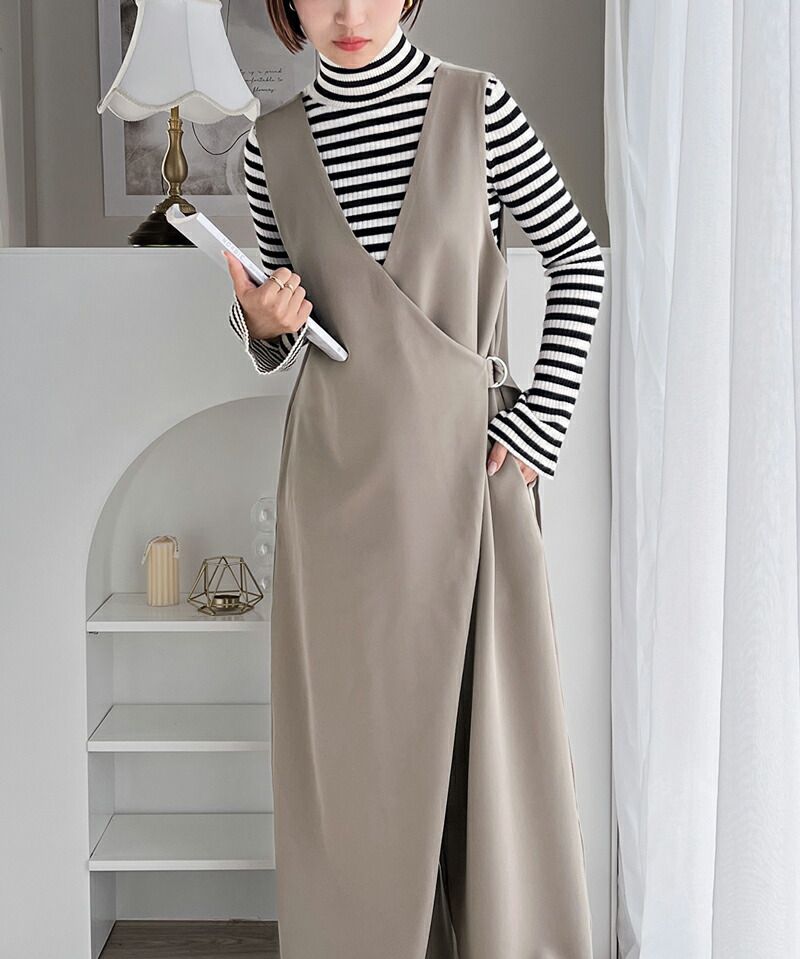 日本 Classical Elf - 前後穿V領垂墜感綁腰休閒寬褲-黑