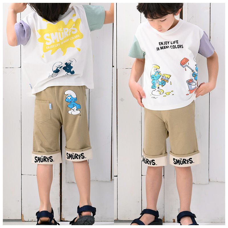 日本 ZOOLAND - 藍色小精靈聯名純棉短褲-褲管上翻-深藍