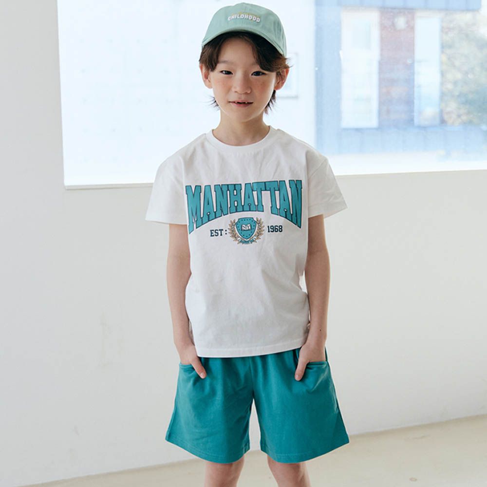 舒適純棉短袖套裝-曼哈頓-白X青綠