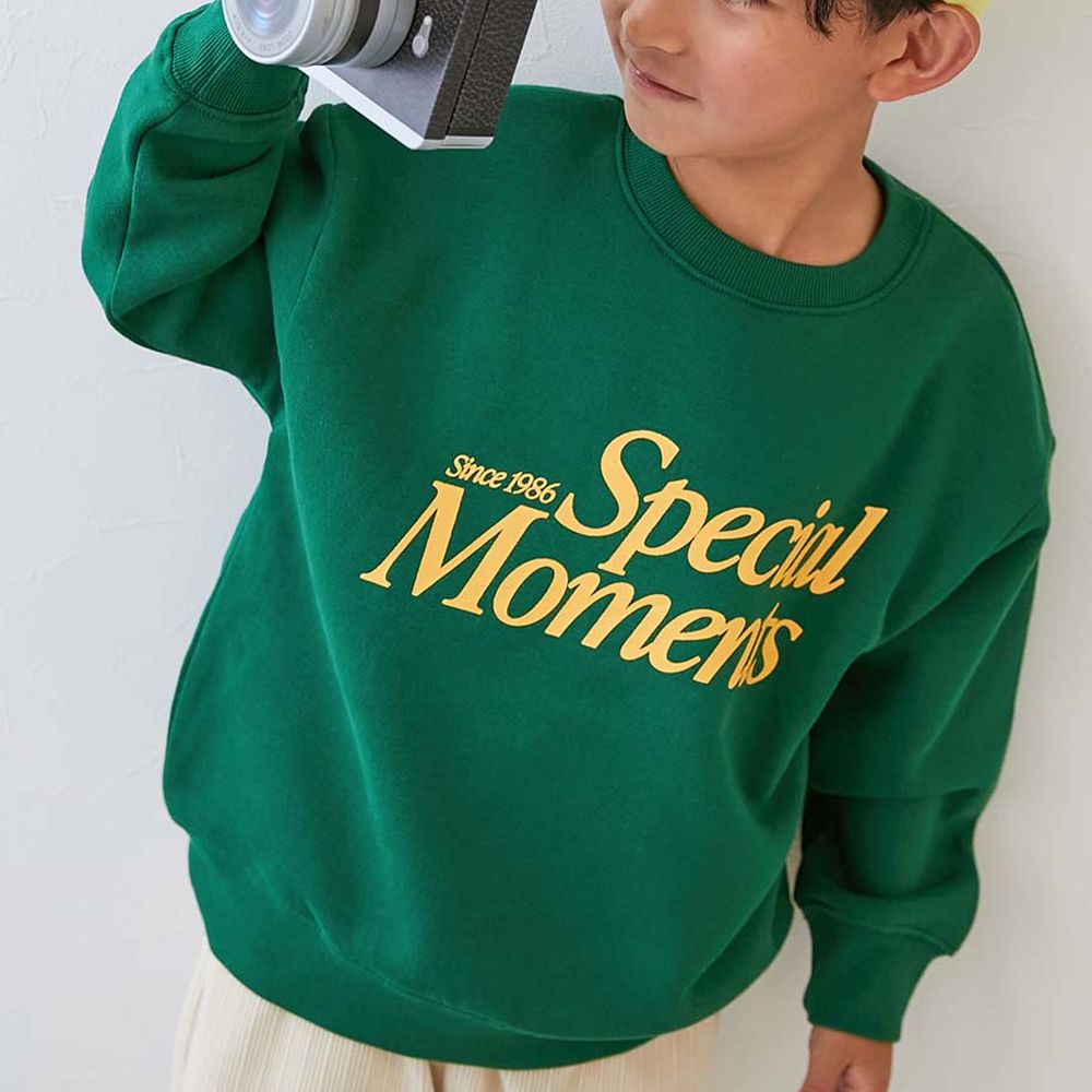 熱銷定番 裏起毛落肩大學長袖上衣-英文LOGO-濃綠