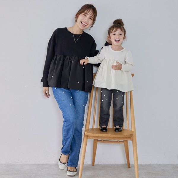 日本 petit main - 珍珠點綴傘狀拼接長袖上衣-淺粉