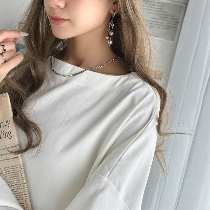 日本 Classical Elf - 一字領寬鬆落肩長袖T恤-米白