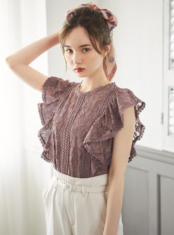 日本 GRL - 華麗蕾絲荷葉邊無袖上衣-灰粉