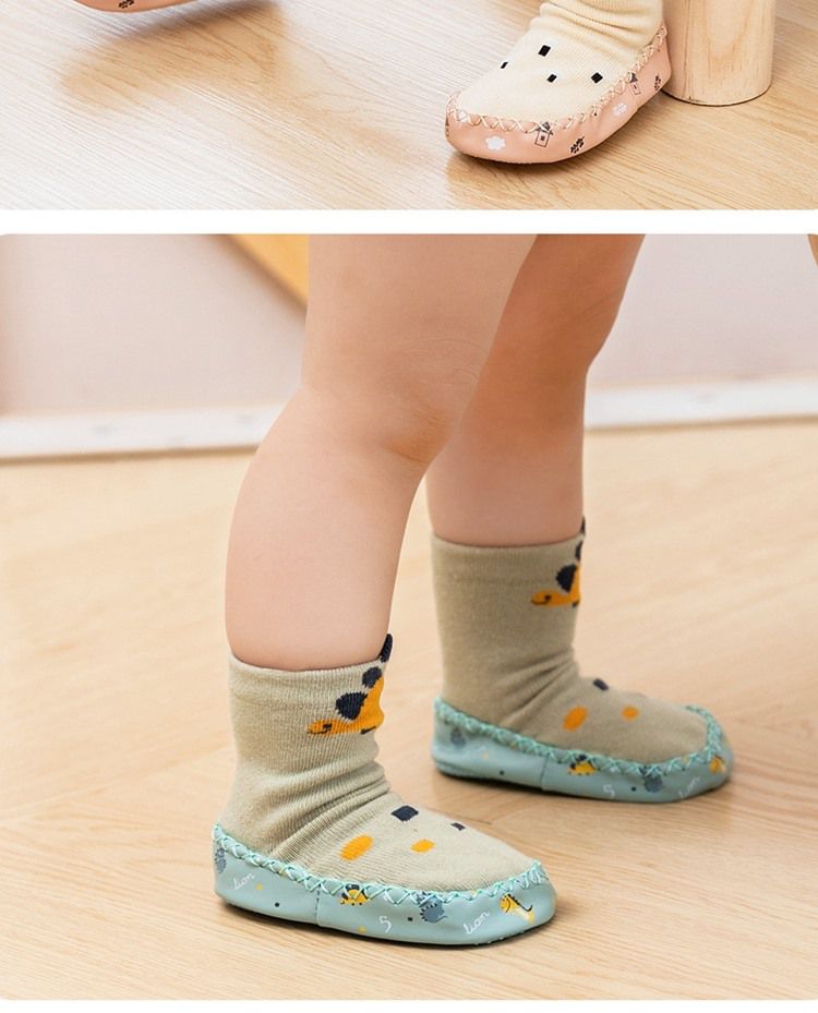 JoyNa - 3雙入-寶寶襪 印花包邊點膠 室內學步鞋-橘色大象+隨機2雙