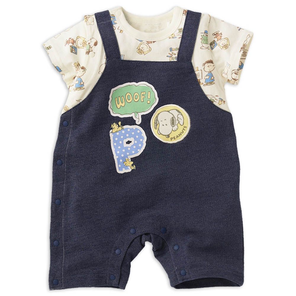 短袖吊帶褲風兔裝-史努比 布貼-深藍色